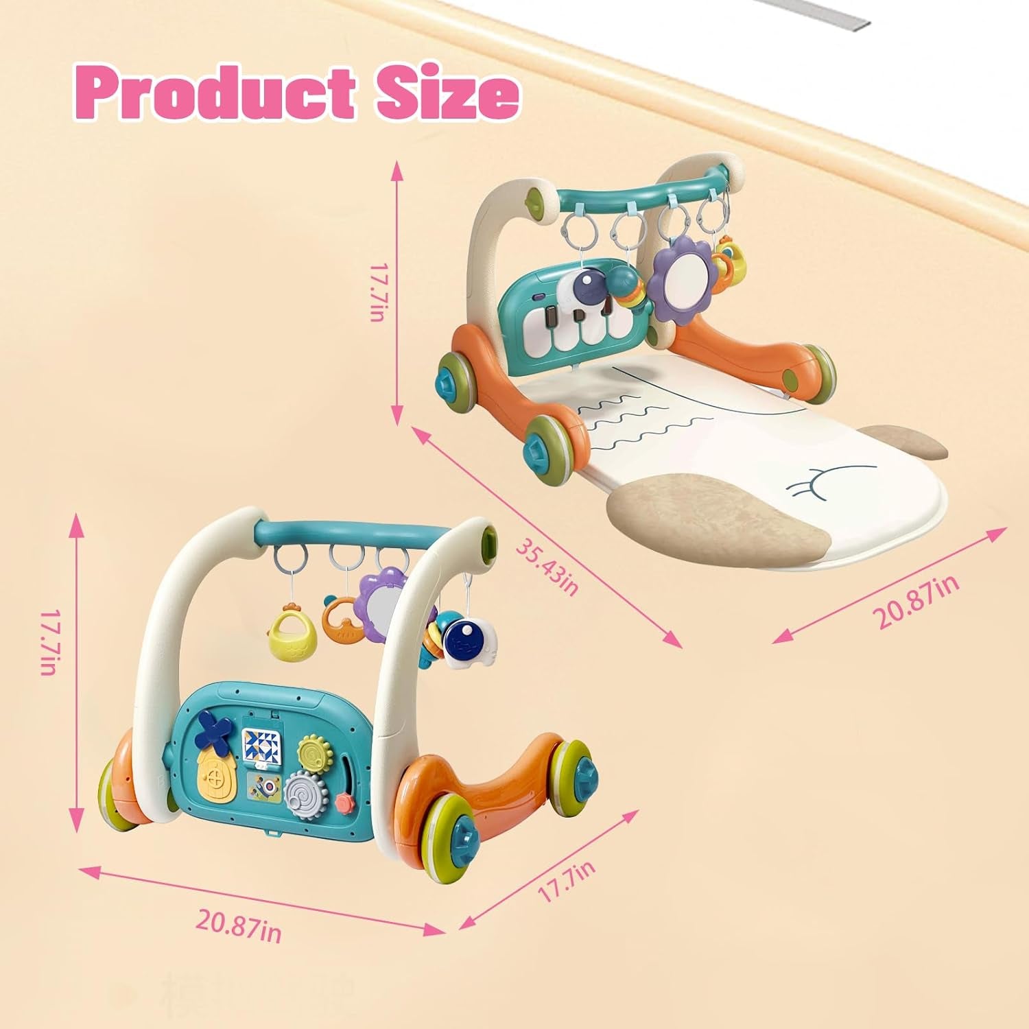 3 in 1 Baby Activity Gym Center, Tummy Time Play Mat Gym, Baby Push Walker, Kick and Play Piano with Music and Light, Sensory Toys for Newborn Babies Infants Toddlers Boys Girls