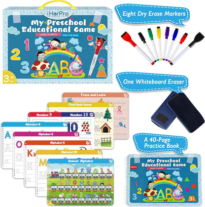 Handwriting Practice Book for Kids, Toddlers Preschool Learning Activity 40 Pages Autism Educational Montessori Toys Learn Number Letters Shapes Animal & Sight Words Workbook with 8 Dry Erase Markers