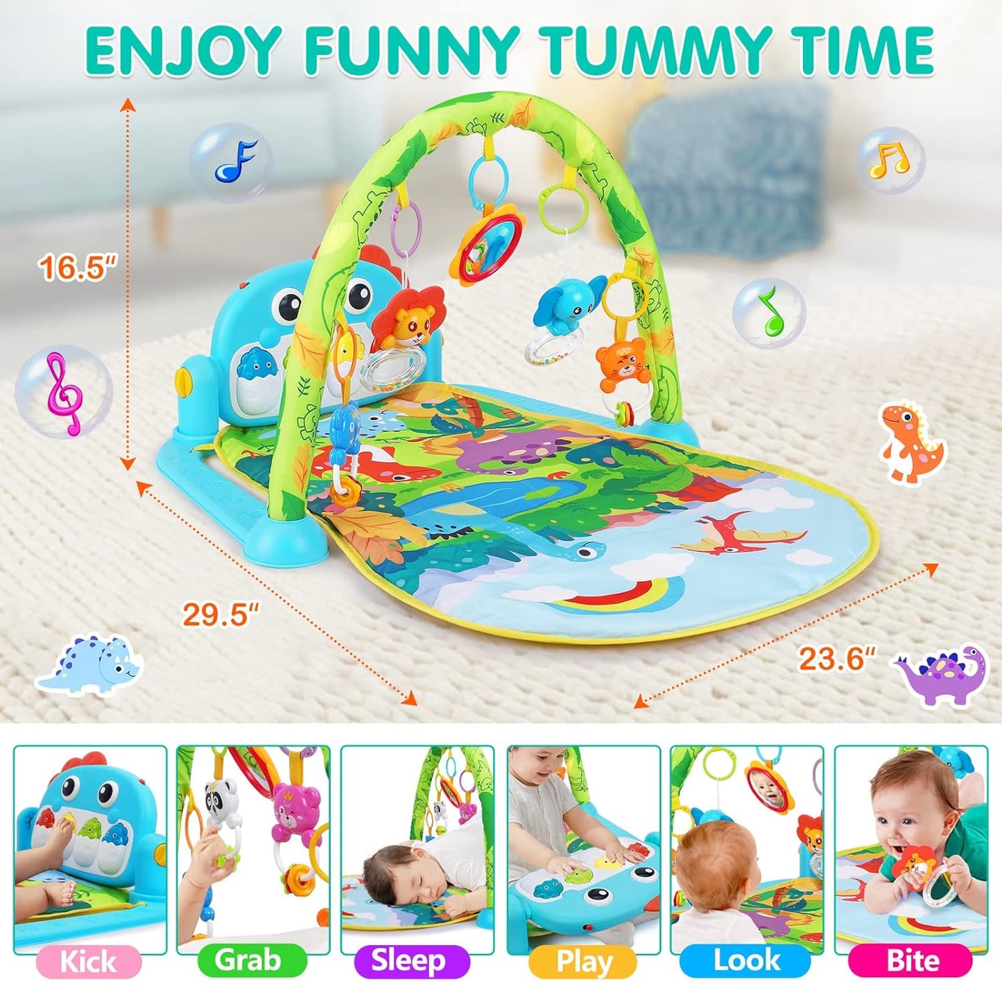 Baby Gym Play Mats Baby Toys Tummy Time Mat Toys Musical Activity Center for Newborn Infant Toys Piano Baby Play Mat Music & Light Newborn Infant Gifts for Baby Toys 0-3 6 9 12 Months, Dinosaur Style