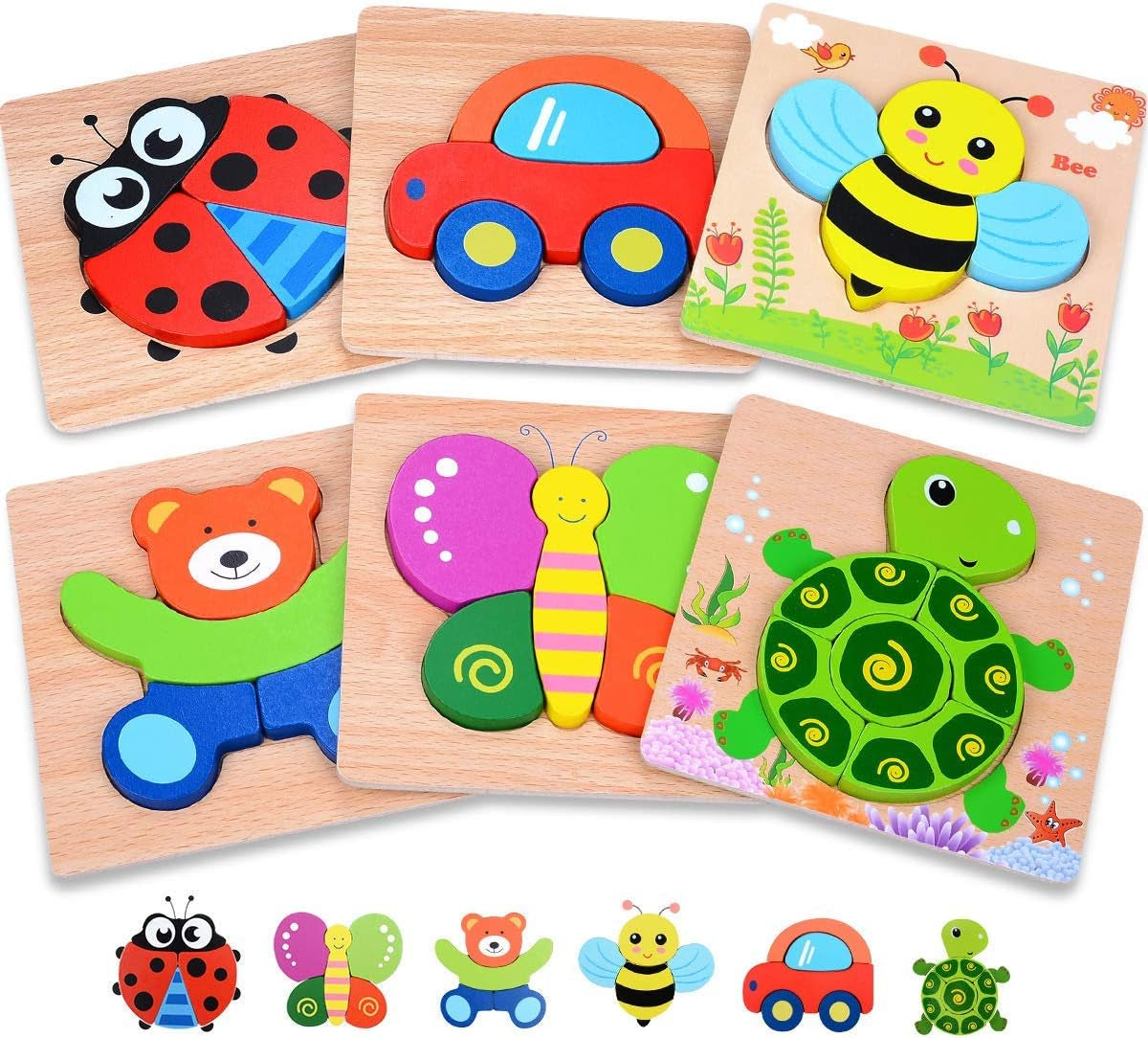 Wooden Puzzles for Toddlers 1-3, Set of 6 Montessori Toys, 1 Year Old Wood Puzzles for Baby Boys Girls, Large Pieces Safe for Kids, Includes Storage Bag and Giftable Box