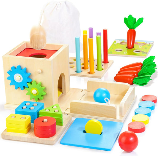 Wooden Montessori Baby Toys, 8-In-1 Wooden Play Kit Includes Object Permanent Box, Coin Box, Carrot Harvest, Shape Sorting & Stacking - Christmas Birthday Gift for Boys Girls Toddlers