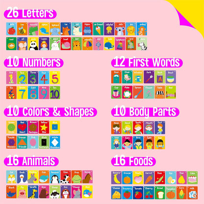 Cognitive Developmental 50 PCS Flashcards,Double Sided Printed 7 in 1 Colorful Cards Alphabet,Numbers, Foods,Animals,Shapes,Colors with 3 Reclosable Rings,Learning Tool for Pre-K Kindergarten Toddlers