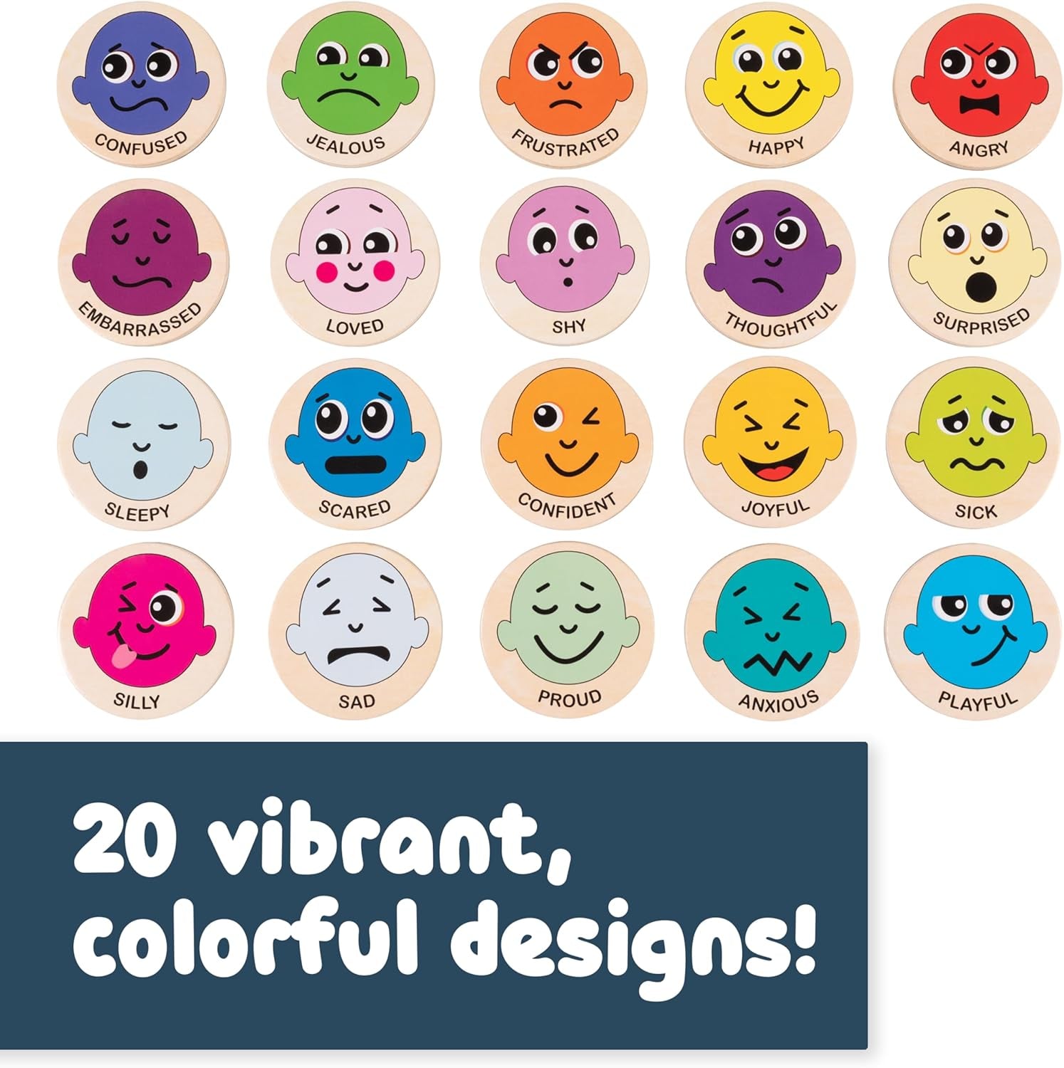 Wooden Magnets - Emotions - Set of 20 - Magnets for Kids Ages 2+ - Cute Emotion Magnets for Fridges, Whiteboards and More