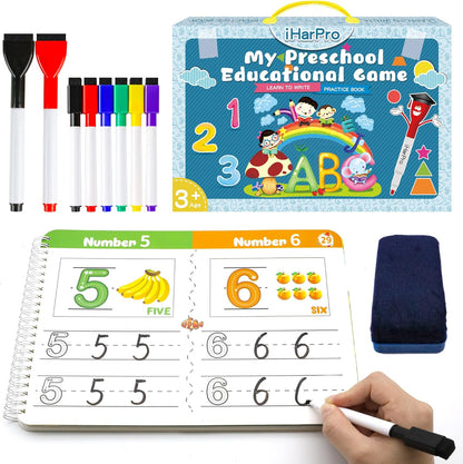 Handwriting Practice Book for Kids, Toddlers Preschool Learning Activity 40 Pages Autism Educational Montessori Toys Learn Number Letters Shapes Animal & Sight Words Workbook with 8 Dry Erase Markers