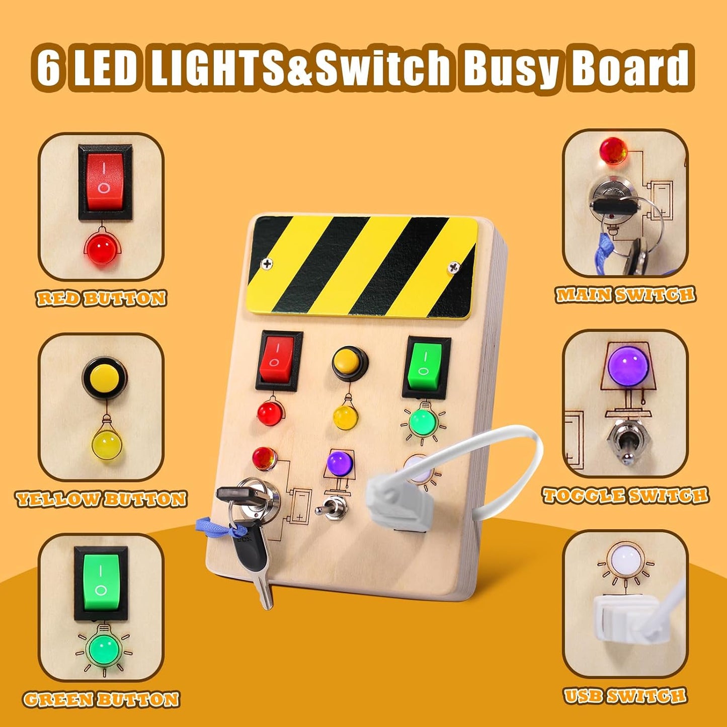 Montessori Busy Board for Toddlers 1 2 3 with LED Light up Switch Boys Girls Birthday Gift Preschool Learning Activities Wooden Sensory Toys for Ages 2-4 with Autism Kids