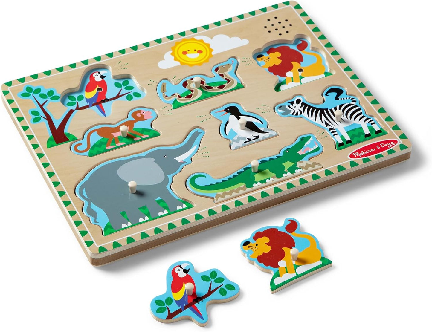 Melissa & Doug Zoo Animals Sound Puzzle – 8-Piece Wooden Peg Puzzle with Light-Activated Sounds, Music Learning Toy for Toddlers and Preschoolers Ages 2+