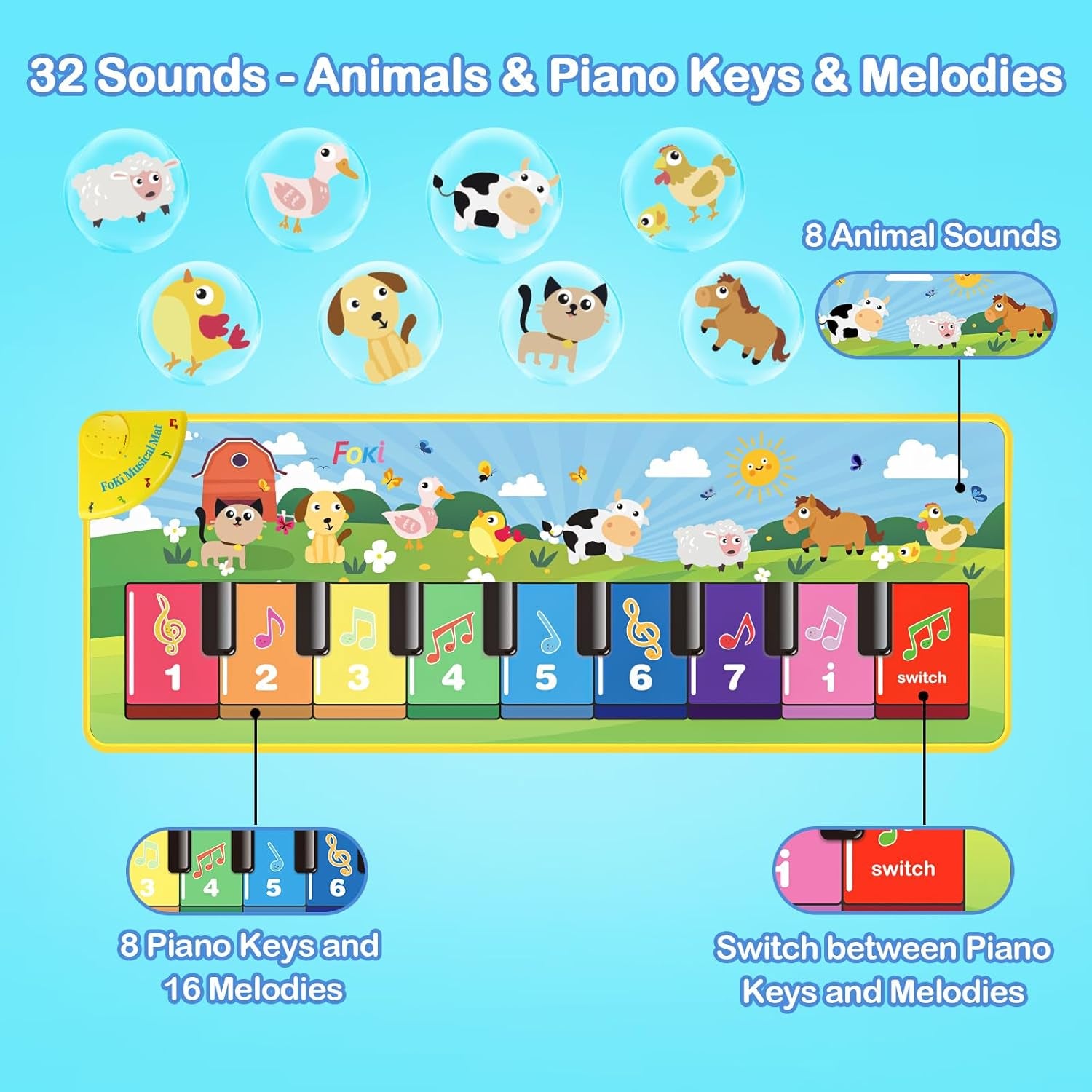 Physical Development Floor Piano Mat for Toddlers, Baby Kid Sensory Educational Dancing Keyboard 