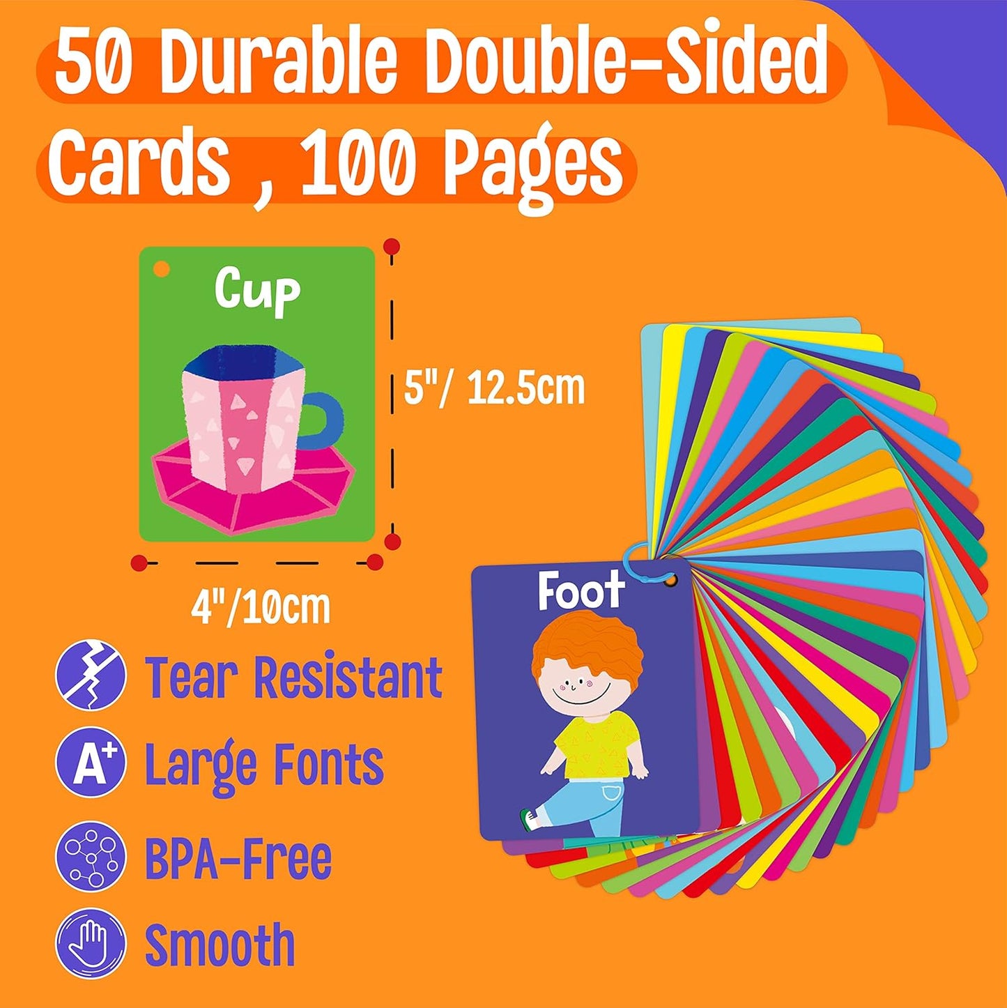 Cognitive Developmental 50 PCS Flashcards,Double Sided Printed 7 in 1 Colorful Cards Alphabet,Numbers, Foods,Animals,Shapes,Colors with 3 Reclosable Rings,Learning Tool for Pre-K Kindergarten Toddlers