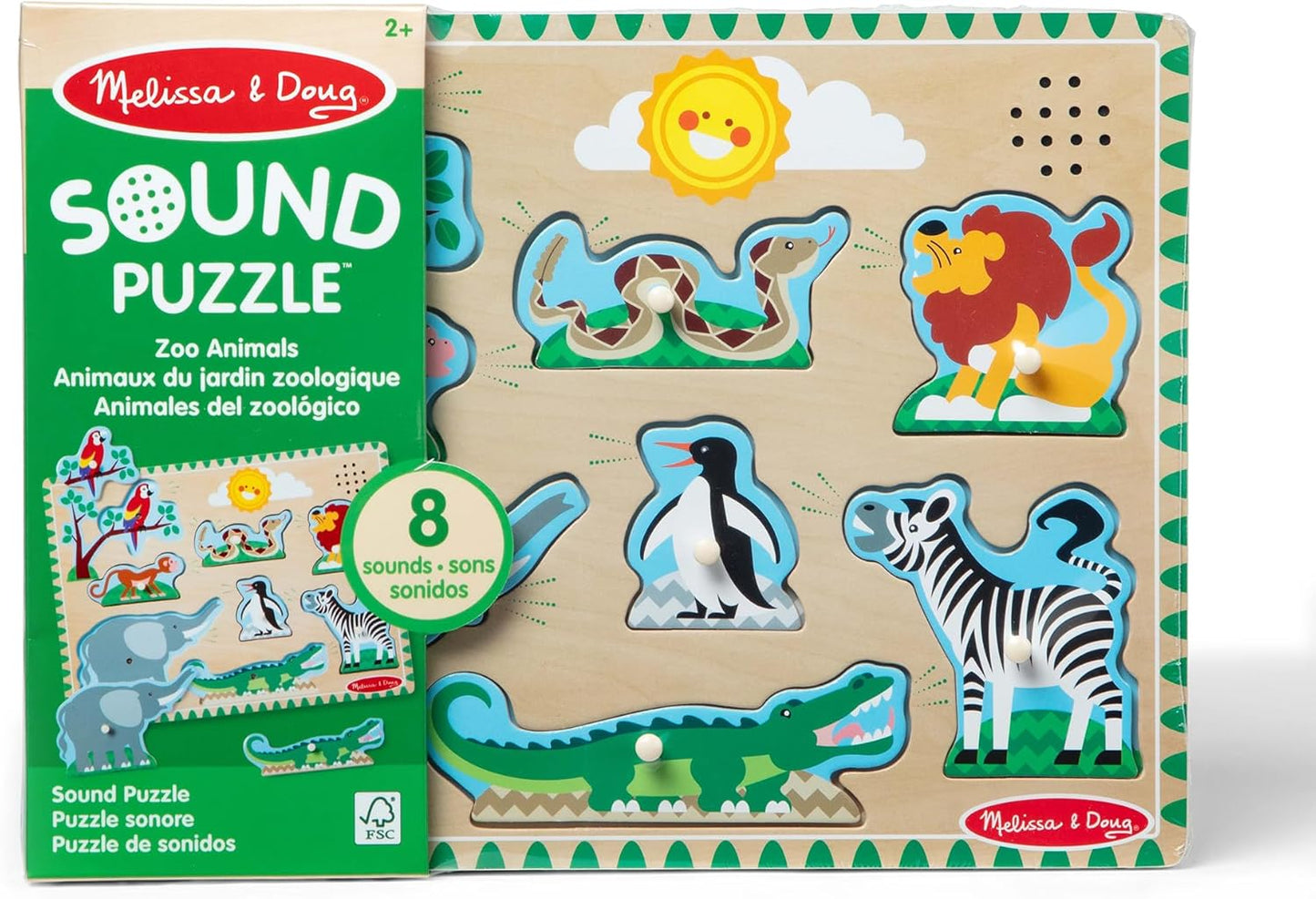 Melissa & Doug Zoo Animals Sound Puzzle – 8-Piece Wooden Peg Puzzle with Light-Activated Sounds, Music Learning Toy for Toddlers and Preschoolers Ages 2+