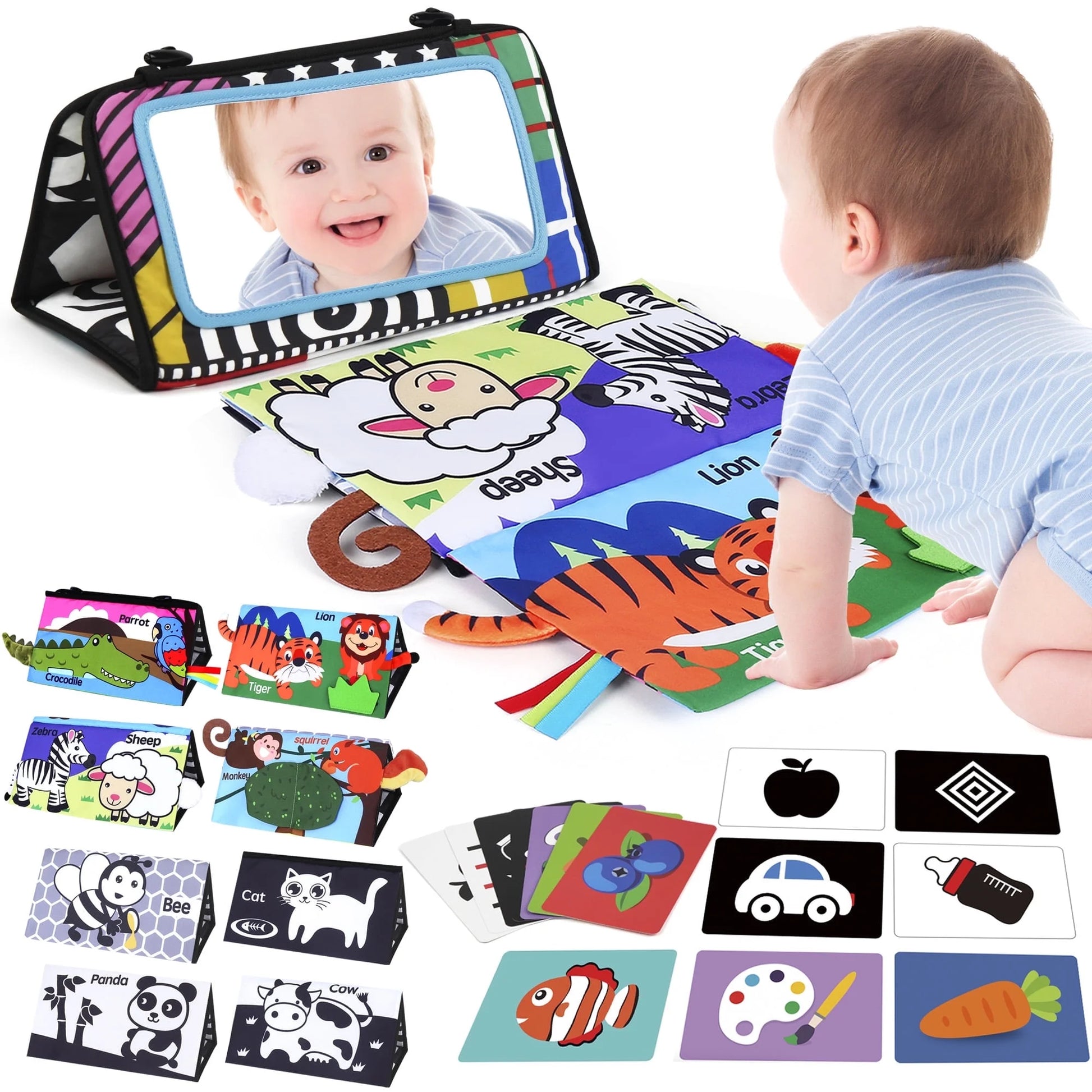 Baby Tummy Time Floor Mirror, Black and White High Contrast Baby Toys & Crinkle Cloth Book