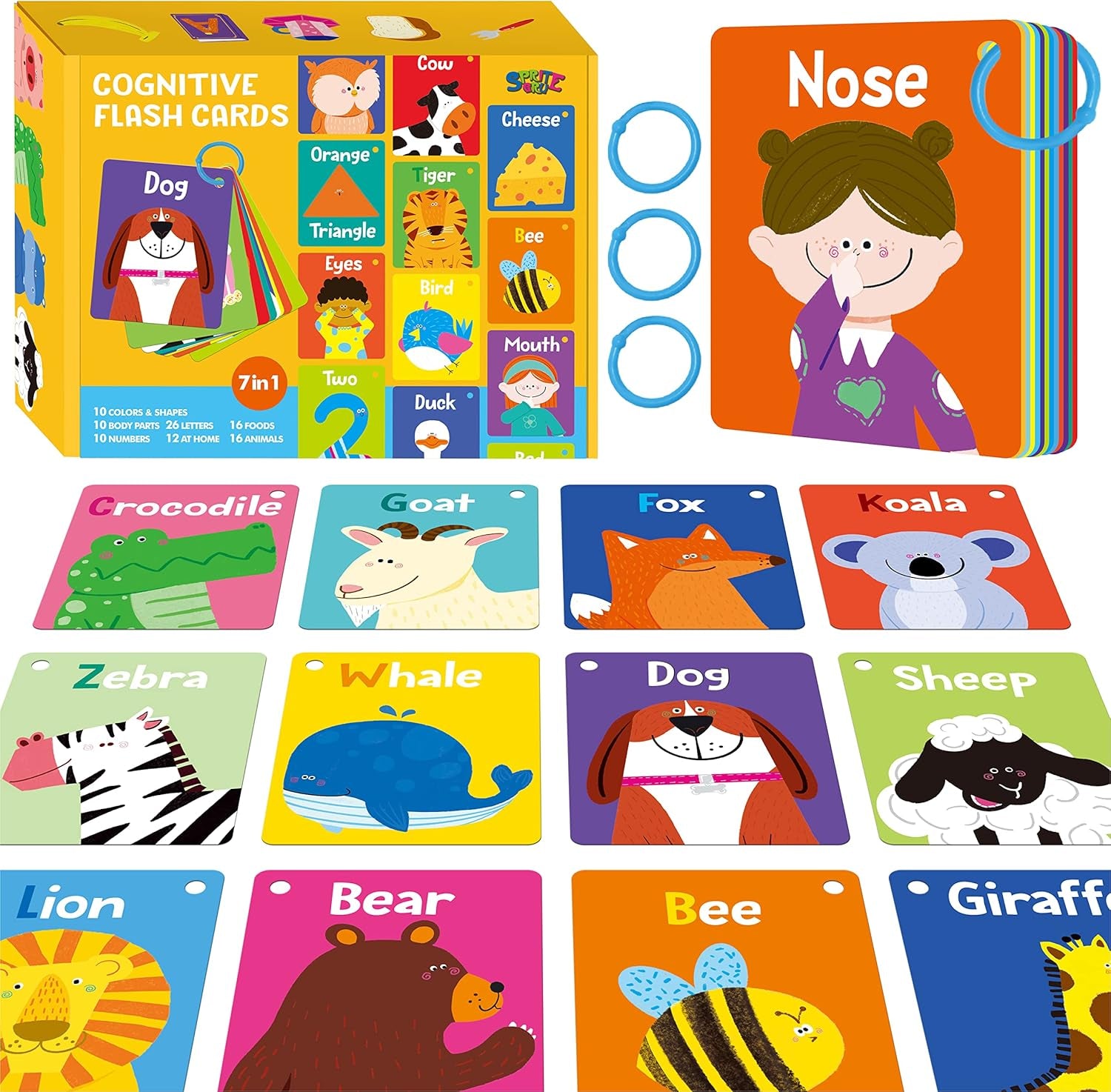 Cognitive Developmental 50 PCS Flashcards,Double Sided Printed 7 in 1 Colorful Cards Alphabet,Numbers, Foods,Animals,Shapes,Colors with 3 Reclosable Rings,Learning Tool for Pre-K Kindergarten Toddlers