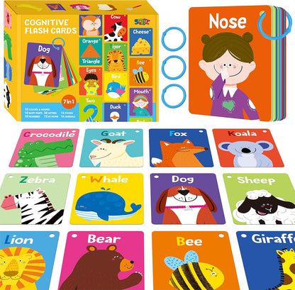 Cognitive Developmental 50 PCS Flashcards,Double Sided Printed 7 in 1 Colorful Cards Alphabet,Numbers, Foods,Animals,Shapes,Colors with 3 Reclosable Rings,Learning Tool for Pre-K Kindergarten Toddlers