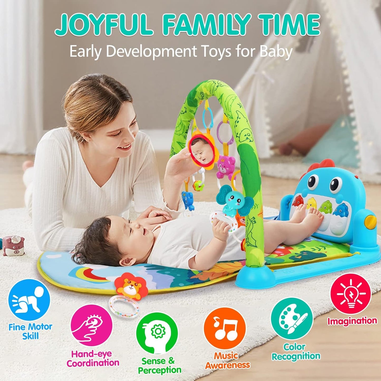 Baby Gym Play Mats Baby Toys Tummy Time Mat Toys Musical Activity Center for Newborn Infant Toys Piano Baby Play Mat Music & Light Newborn Infant Gifts for Baby Toys 0-3 6 9 12 Months, Dinosaur Style