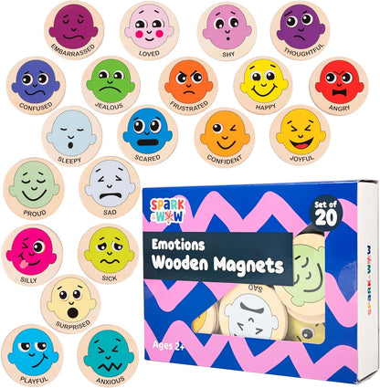 Wooden Magnets - Emotions - Set of 20 - Magnets for Kids Ages 2+ - Cute Emotion Magnets for Fridges, Whiteboards and More