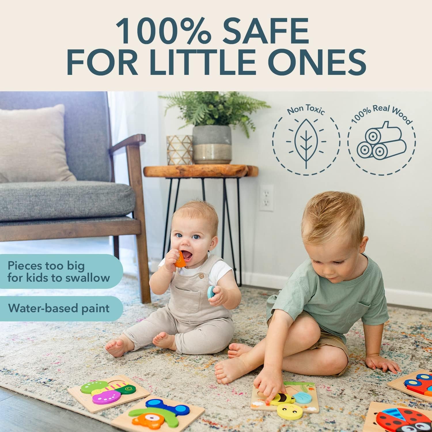 Wooden Puzzles for Toddlers 1-3, Set of 6 Montessori Toys, 1 Year Old Wood Puzzles for Baby Boys Girls, Large Pieces Safe for Kids, Includes Storage Bag and Giftable Box