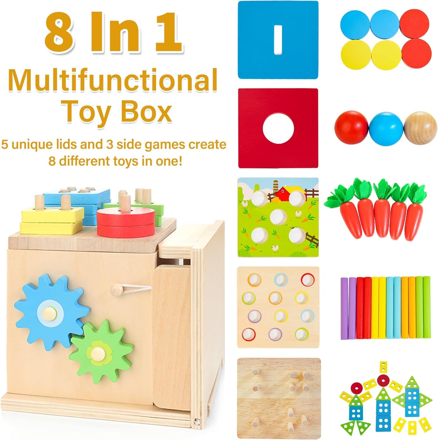 Wooden Montessori Baby Toys, 8-In-1 Wooden Play Kit Includes Object Permanent Box, Coin Box, Carrot Harvest, Shape Sorting & Stacking - Christmas Birthday Gift for Boys Girls Toddlers