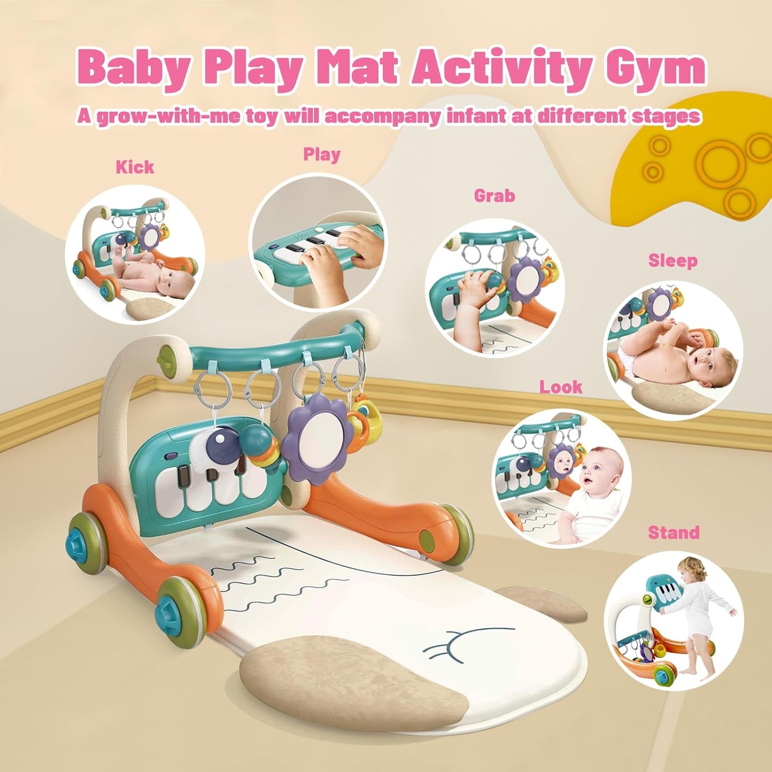 3 in 1 Baby Activity Gym Center, Tummy Time Play Mat Gym, Baby Push Walker, Kick and Play Piano with Music and Light, Sensory Toys for Newborn Babies Infants Toddlers Boys Girls