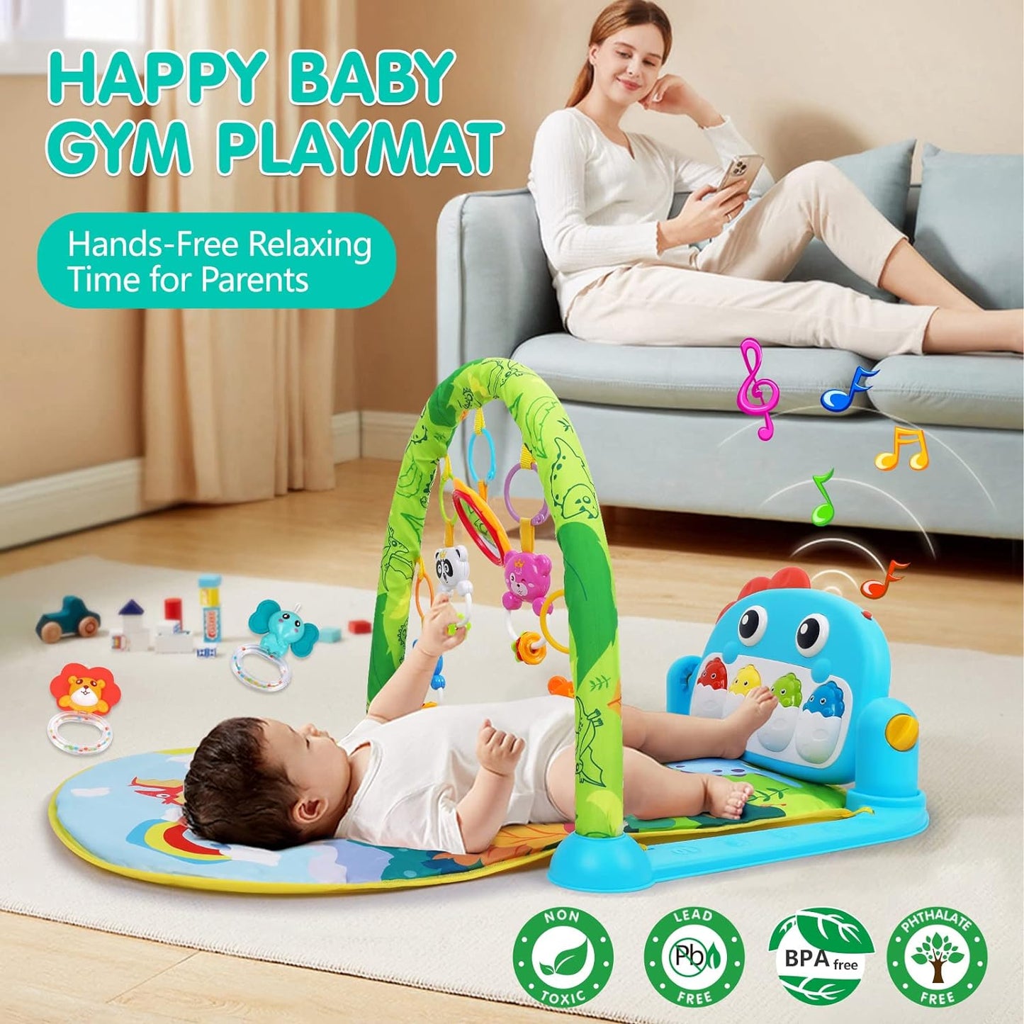 Baby Gym Play Mats Baby Toys Tummy Time Mat Toys Musical Activity Center for Newborn Infant Toys Piano Baby Play Mat Music & Light Newborn Infant Gifts for Baby Toys 0-3 6 9 12 Months, Dinosaur Style