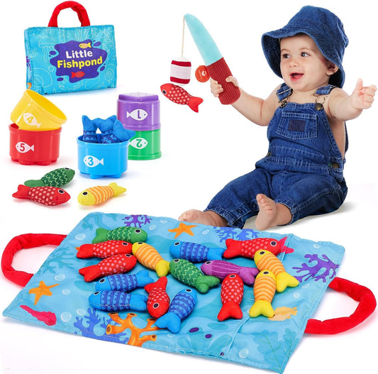 Physical Development Toddler Toys -10 in 1 Cloth Fishing Game for Toddler 1-3 with Stacking Cups - Number Counting, Color Sorting, Shape Learning